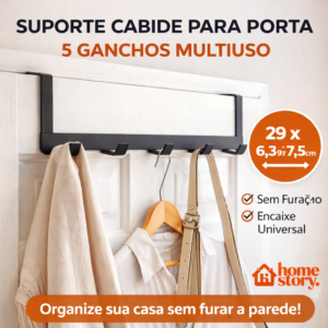 Suporte cabide para porta com 5 ganchos 6,3 x 7,5 x 29cm  multiuso organizador utensilios de casa