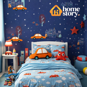 Papel de Parede Infantil Carros Azul Claro/Vermelho Fofura Baby FF4009 0,53x10m