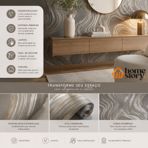 Papel De Parede Moderno Cinza Com Linhas Prata Vinílico Lavável 53cm x 10mts - Imagem 4