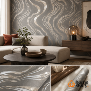 Papel De Parede Moderno Cinza Com Linhas Prata Vinílico Lavável 53cm x 10mts