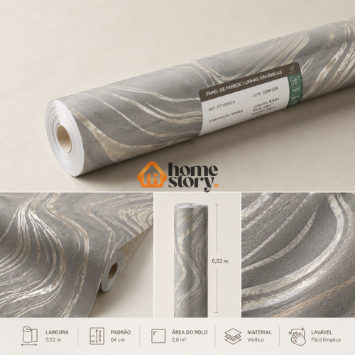Papel De Parede Moderno Cinza Com Linhas Prata Vinílico Lavável 53cm x 10mts - Imagem 7