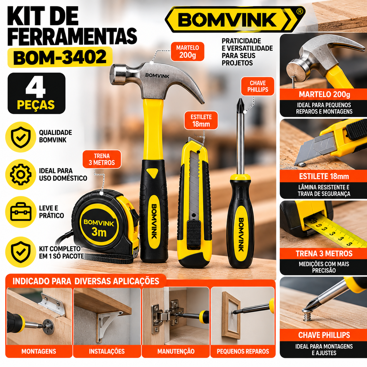Kit de Ferramentas BOMVINK 4 Peças com Martelo Trena Estilete e Chave Phillips BOM-3402 - Imagem 2