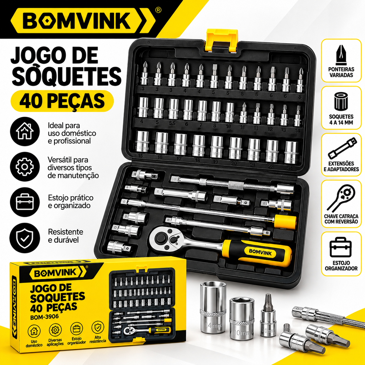 Jogo de Soquetes BOMVINK 40 Peças com Catraca e Estojo BOM-3906 - Imagem 3