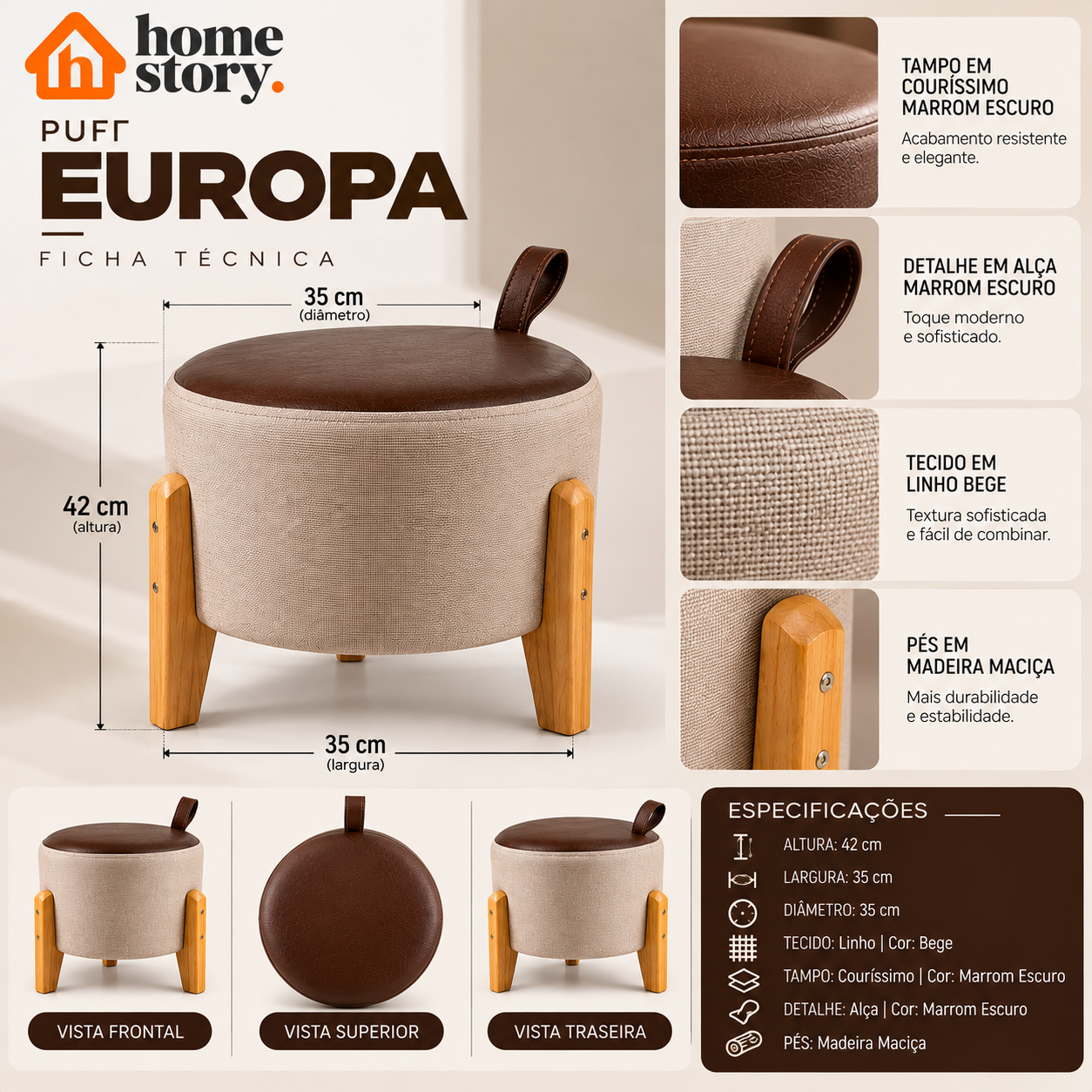 Puff Europa Decorativo Bege com Tampo Marrom-escuro e Pés de Madeira - Imagem 3