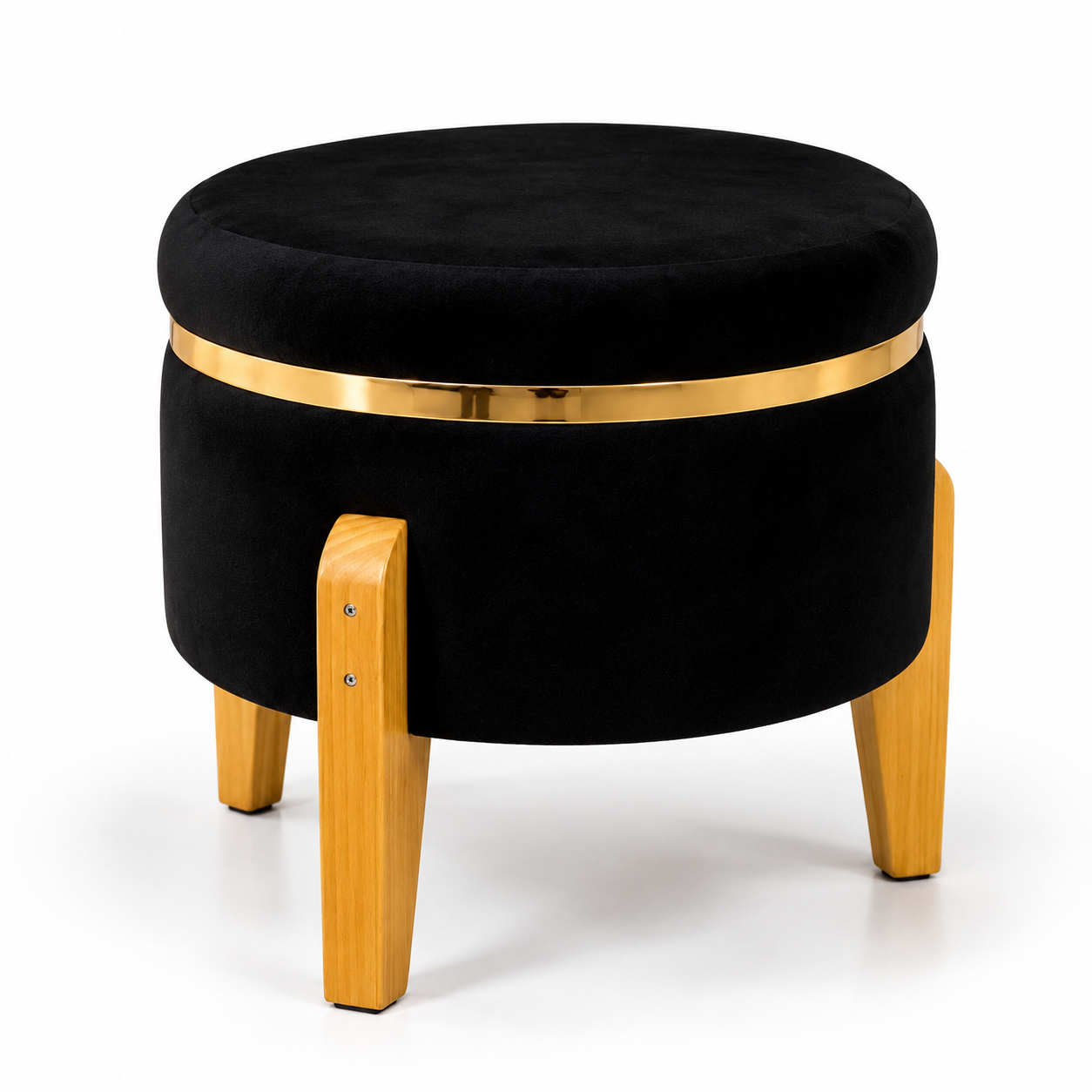 Puff Berlim Decorativo Preto em Veludo com Fita Dourada e Pés de Madeira Maciça 35x35x42cm - Imagem 2