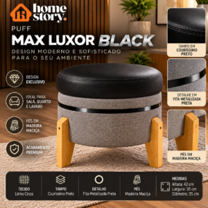 Puff Max Luxor Black Cinza com Tampo Preto e Pés de Madeira