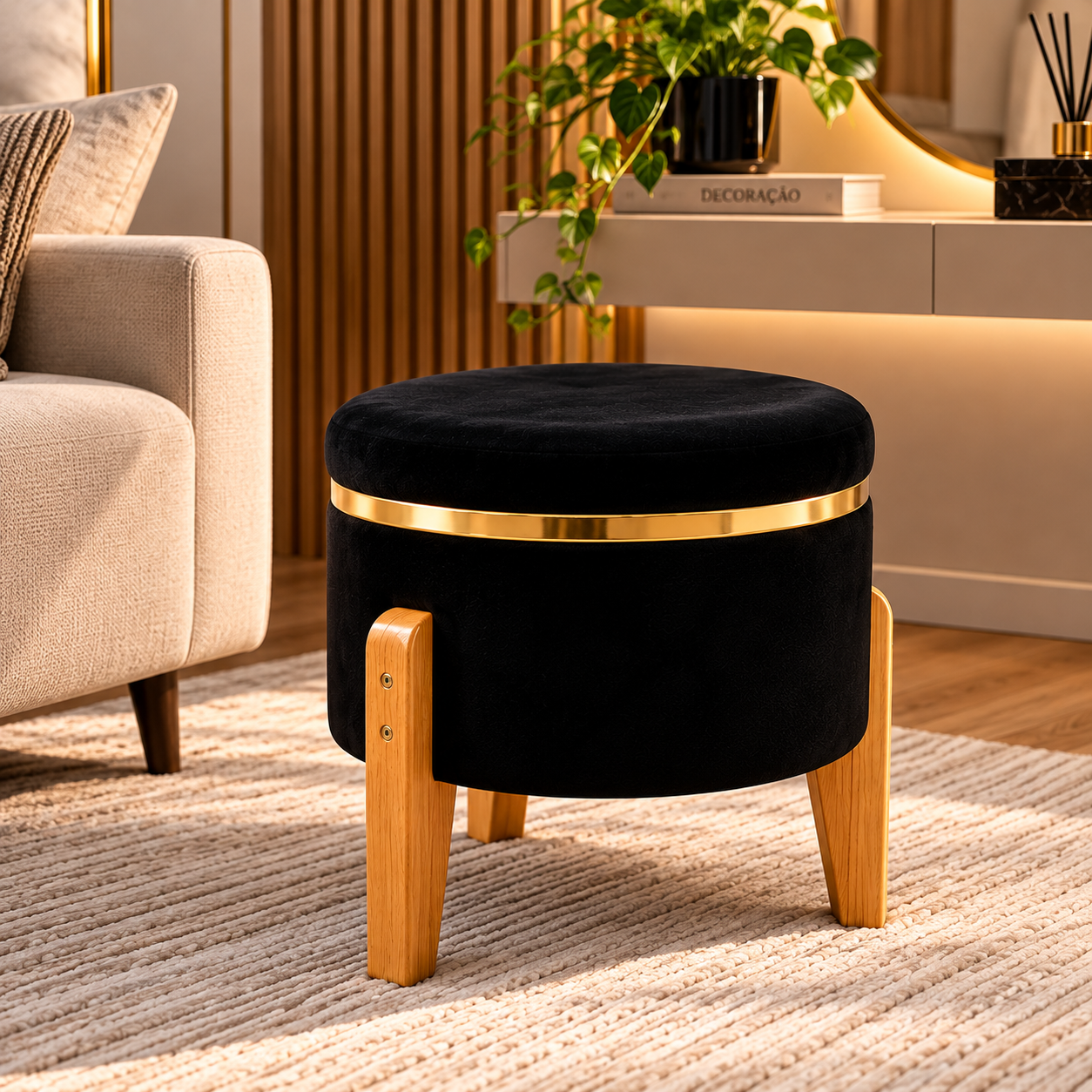 Puff Berlim Decorativo Preto em Veludo com Fita Dourada e Pés de Madeira Maciça 35x35x42cm - Imagem 4