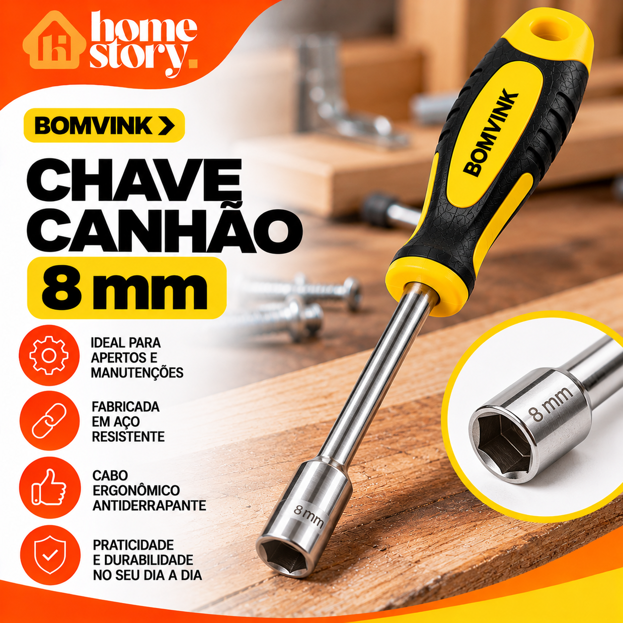Chave Canhão BOMVINK 8mm com Cabo Ergonômico Antiderrapante