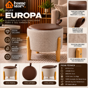 Puff Europa Decorativo Bege com Tampo Marrom-escuro e Pés de Madeira