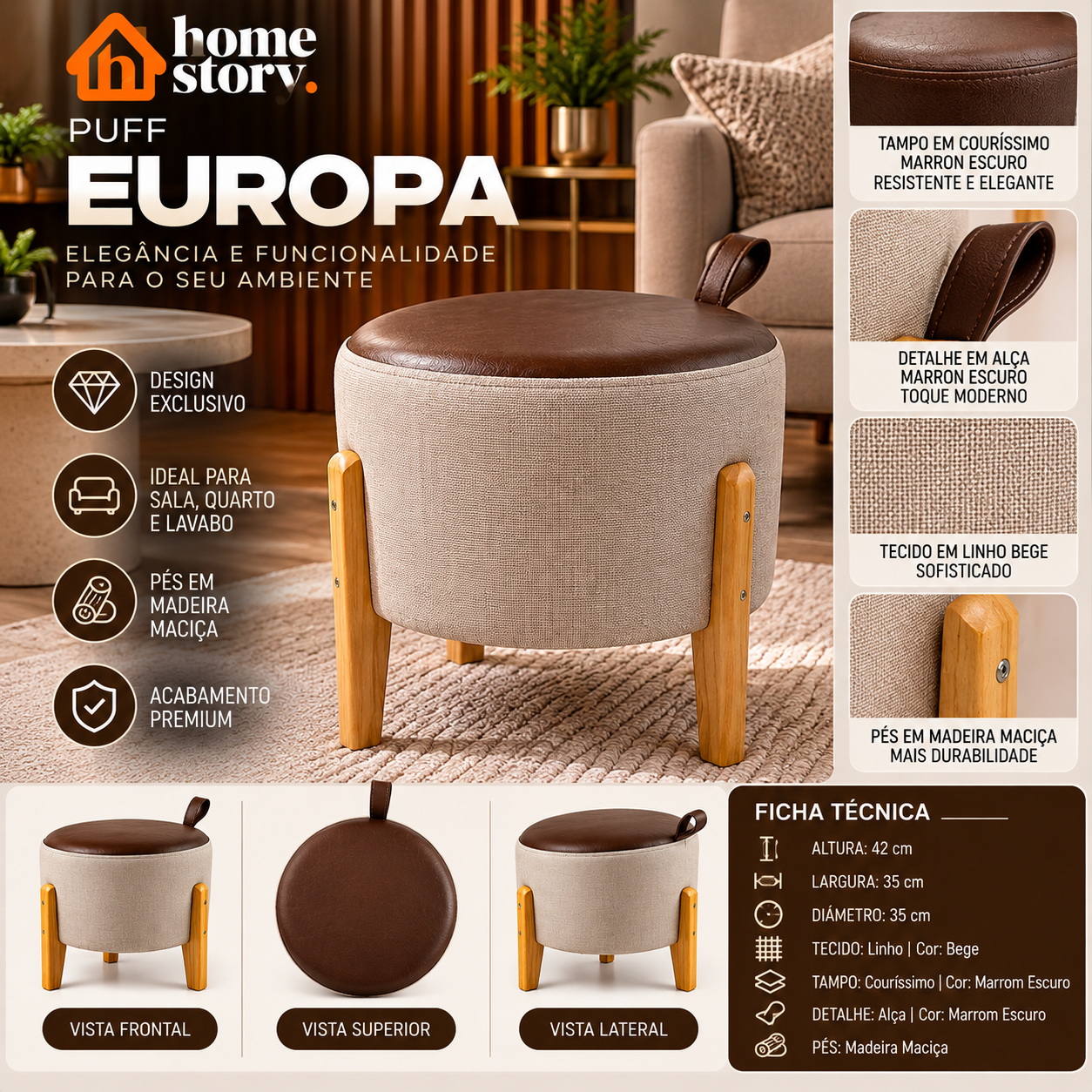 Puff Europa Decorativo Bege com Tampo Marrom-escuro e Pés de Madeira