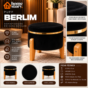Puff Berlim Decorativo Preto em Veludo com Fita Dourada e Pés de Madeira Maciça 35x35x42cm