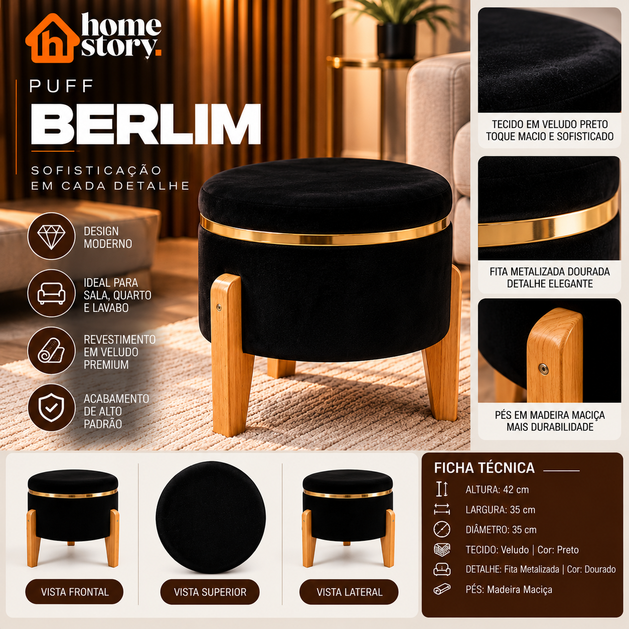 Puff Berlim Decorativo Preto em Veludo com Fita Dourada e Pés de Madeira Maciça 35x35x42cm