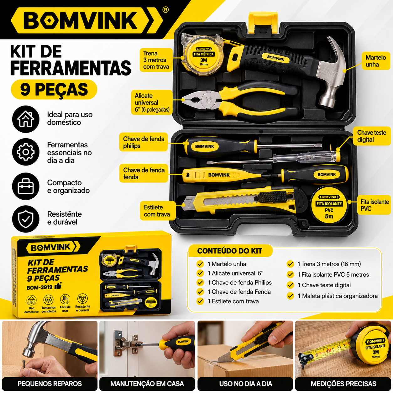 Kit de Ferramentas BOMVINK 9 Peças com Maleta para Reparos Domésticos