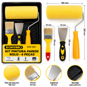 Kit Pintura Parede 4 Peças Rolo Espuma Pincel Espátula Bandeja BOMVINK