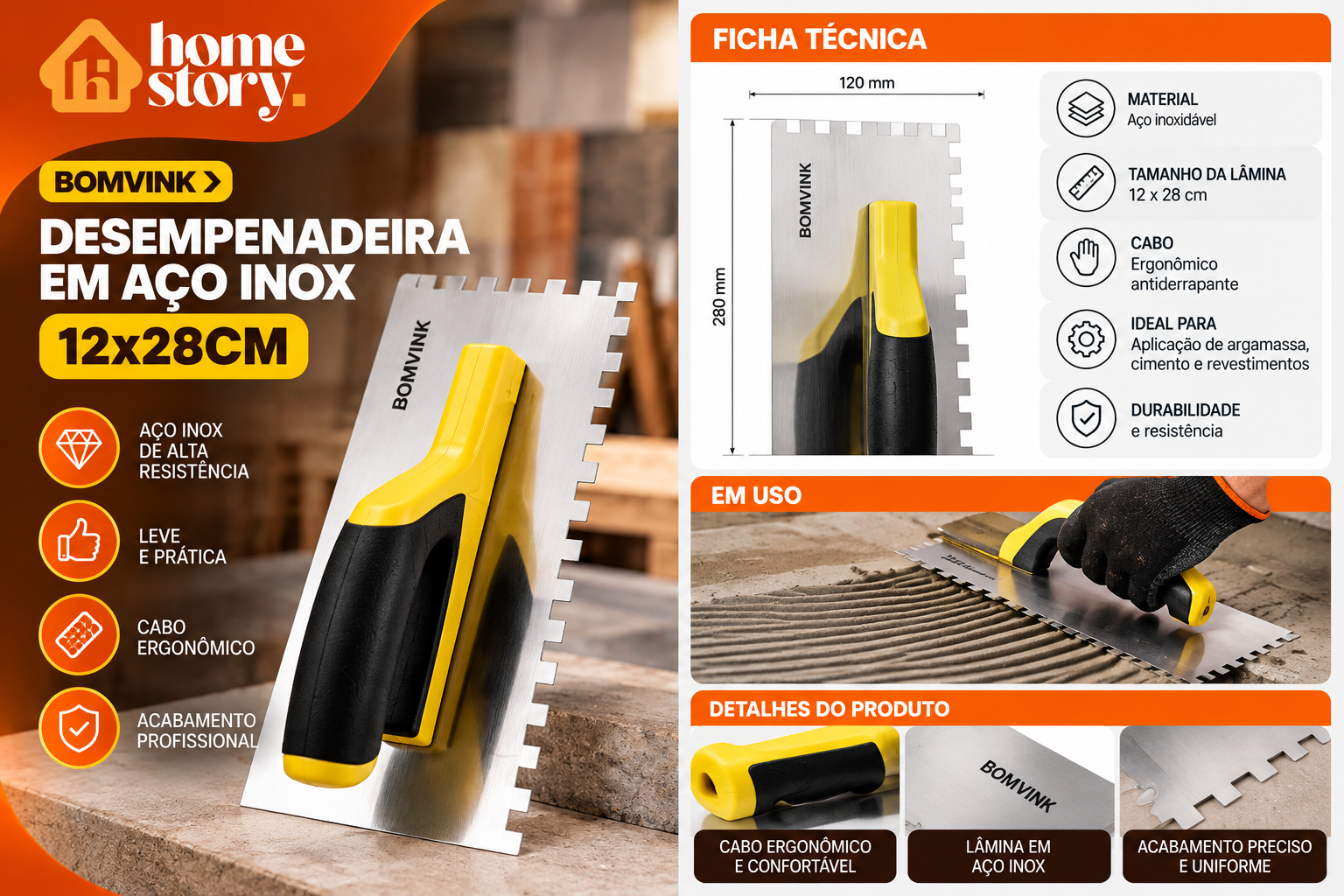 Desempenadeira de Aço Inox BOMVINK 12x28cm com Cabo Ergonômico - Imagem 3