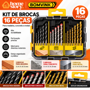 Kit de Brocas BOMVINK 16 Peças para Madeira Concreto e Metal