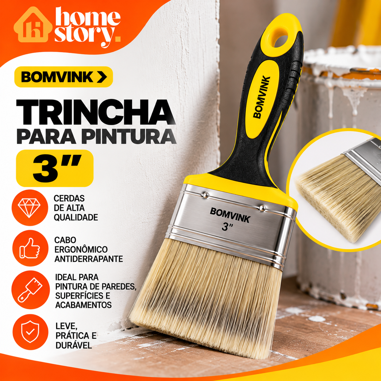 Trincha para Pintura BOMVINK 3 Polegadas com Cabo Ergonômico