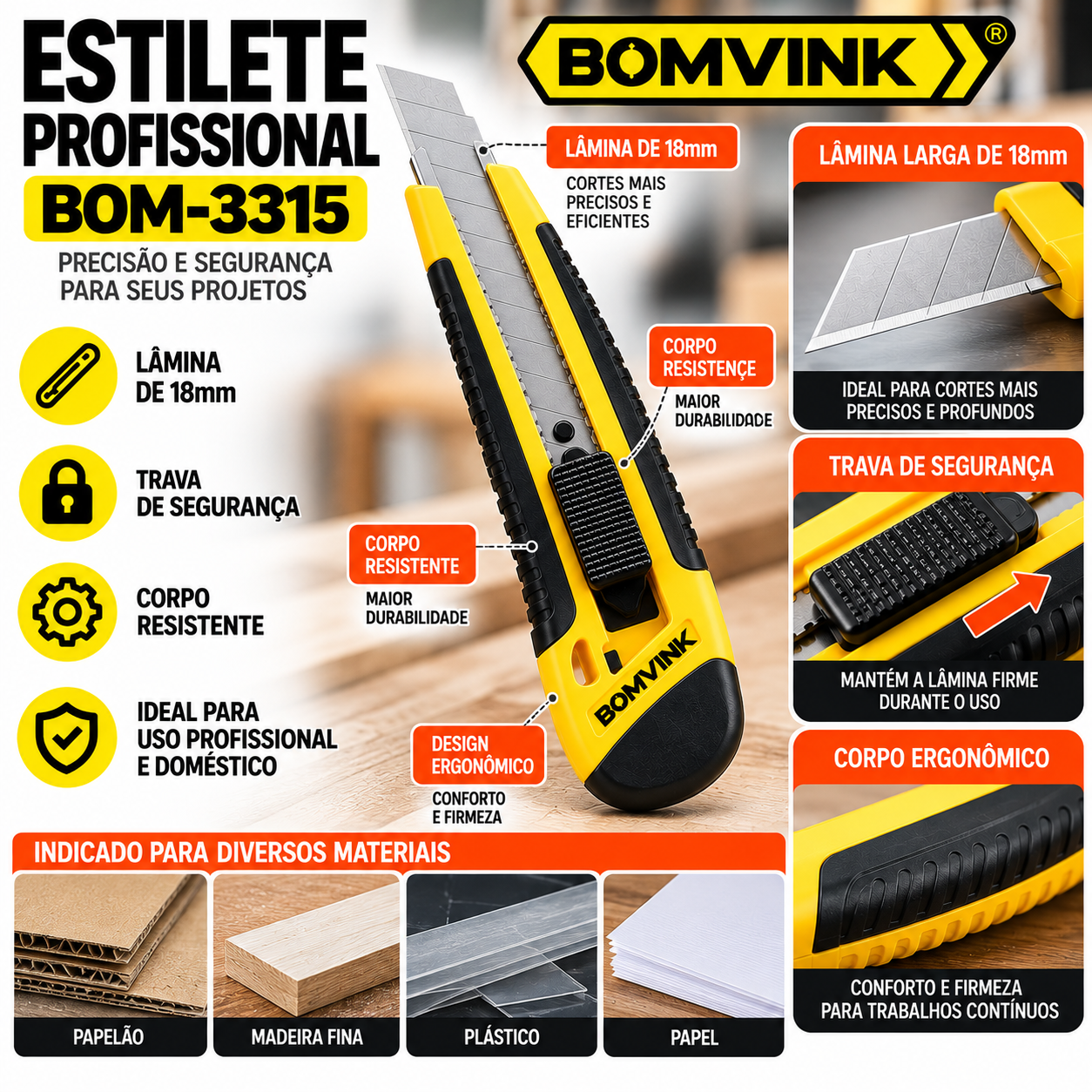 Estilete Profissional BOMVINK 18mm com Trava de Segurança BOM-3315 - Imagem 2
