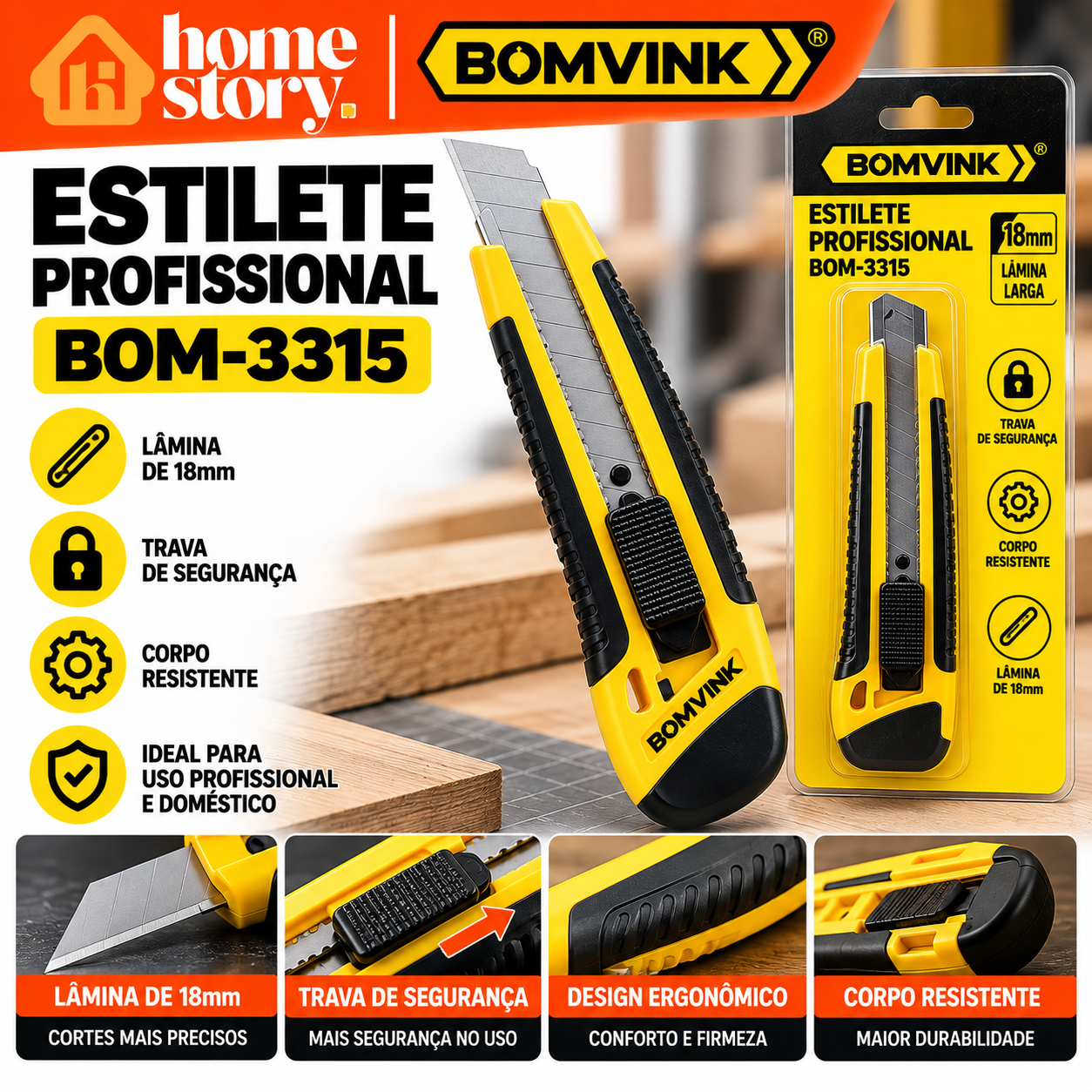 Estilete Profissional BOMVINK 18mm com Trava de Segurança BOM-3315