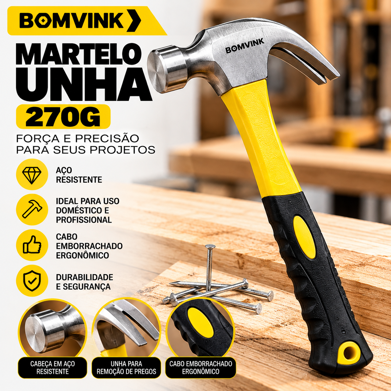 Martelo Unha BOMVINK 270g com Cabo Ergonômico para Construção e Reparos - Imagem 2