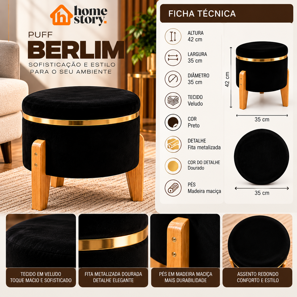 Puff Berlim Decorativo Preto em Veludo com Fita Dourada e Pés de Madeira Maciça 35x35x42cm - Imagem 3