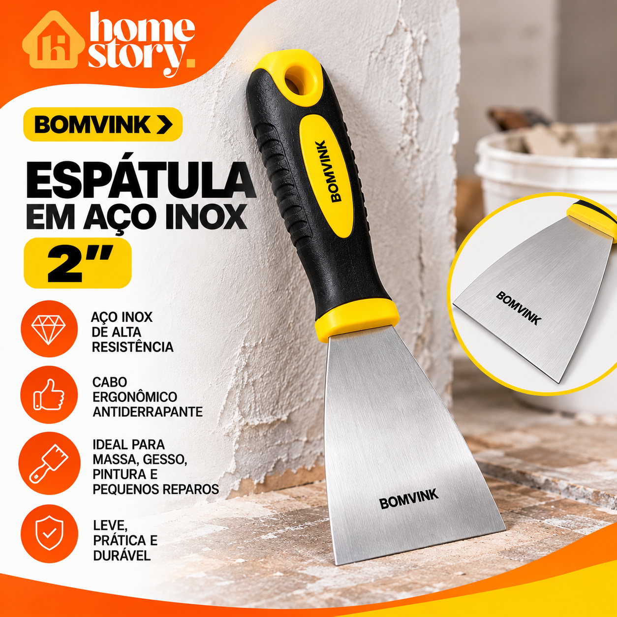 Espátula de Aço Inox BOMVINK 2 Polegadas para Gesseiro e Pintor