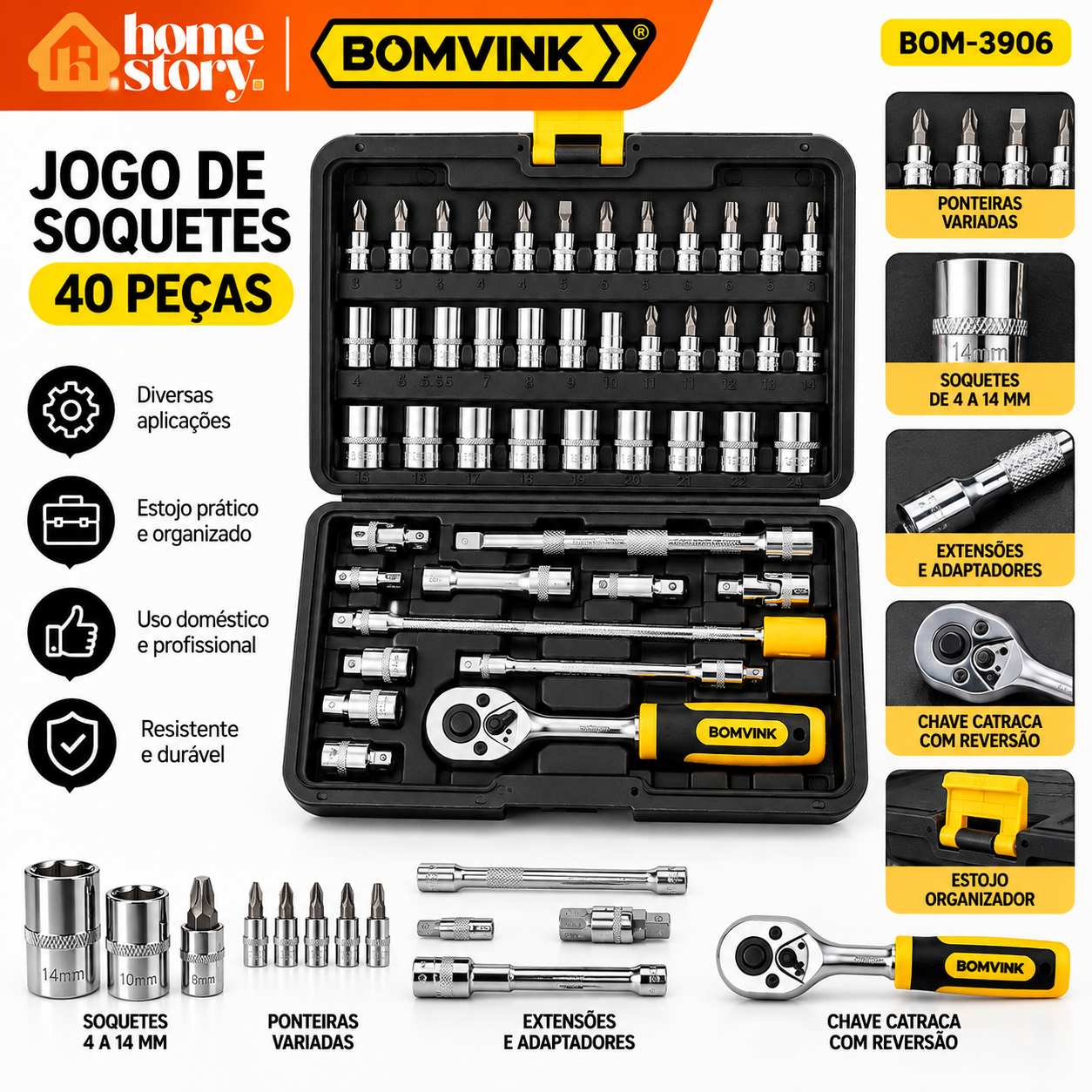 Jogo de Soquetes BOMVINK 40 Peças com Catraca e Estojo BOM-3906 - Imagem 4