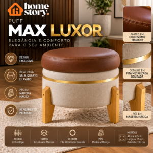 Puff Max Luxor Decorativo Bege com Tampo Marrom e Detalhe Dourado