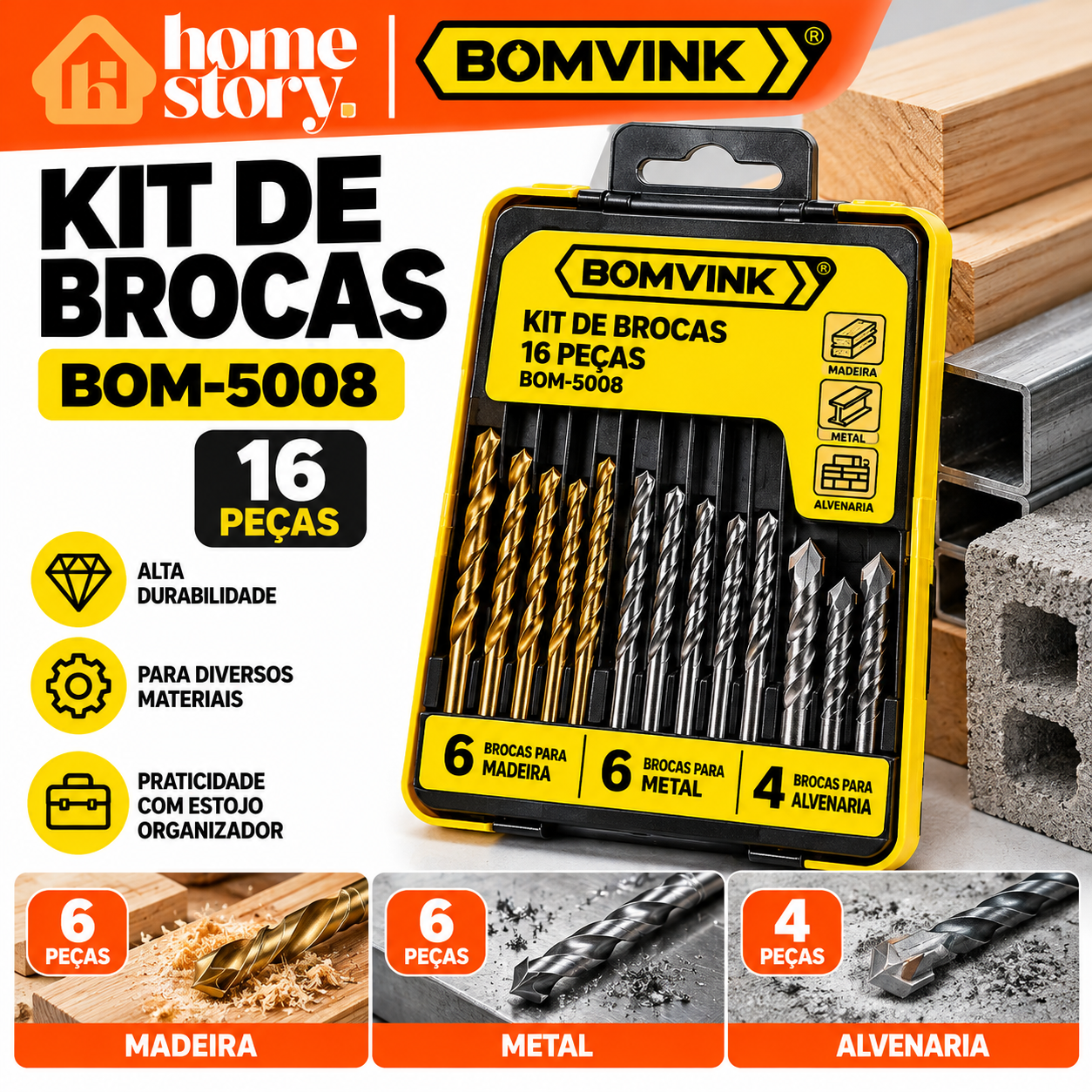 Kit de Brocas BOMVINK 16 Peças para Madeira Metal e Alvenaria BOM-5008