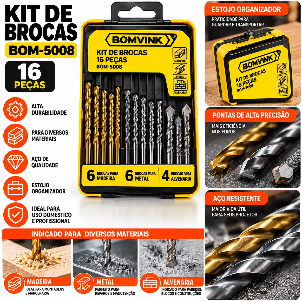 Kit de Brocas BOMVINK 16 Peças para Madeira Metal e Alvenaria BOM-5008 - Imagem 2