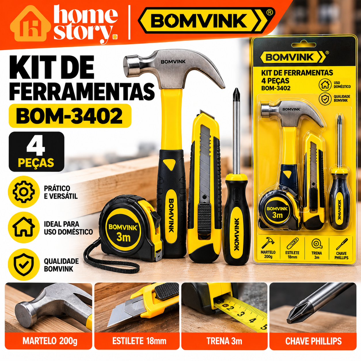 Kit de Ferramentas BOMVINK 4 Peças com Martelo Trena Estilete e Chave Phillips BOM-3402
