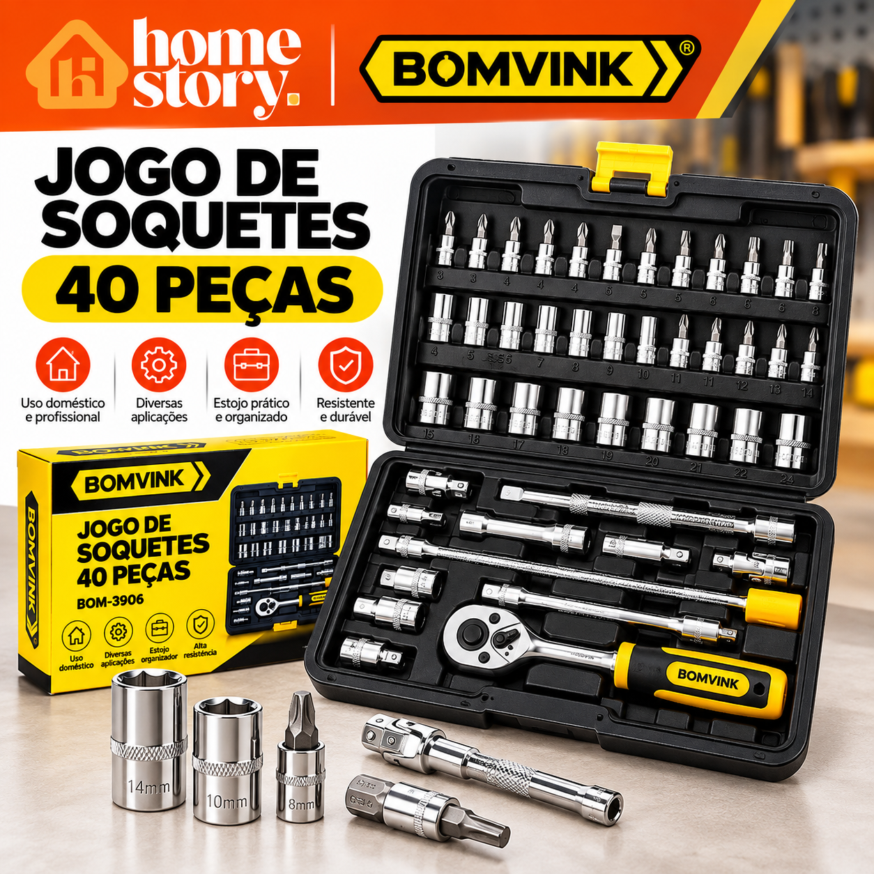 Jogo de Soquetes BOMVINK 40 Peças com Catraca e Estojo BOM-3906